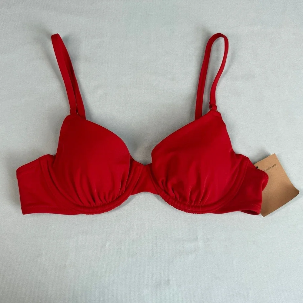 Shade & Shore Women's Bikini Top 34B Red Underwire Balconette Padded Inserts